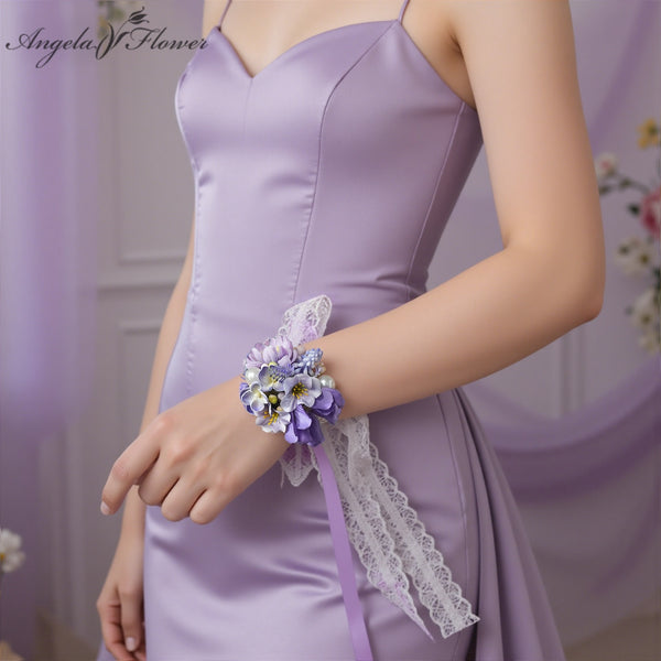 A9002 2pcs/set Artificial Purple Lavender Wrist Flower Bride Corsages Wedding Decoration