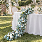 dusty blue and white flower runner for wedding head table