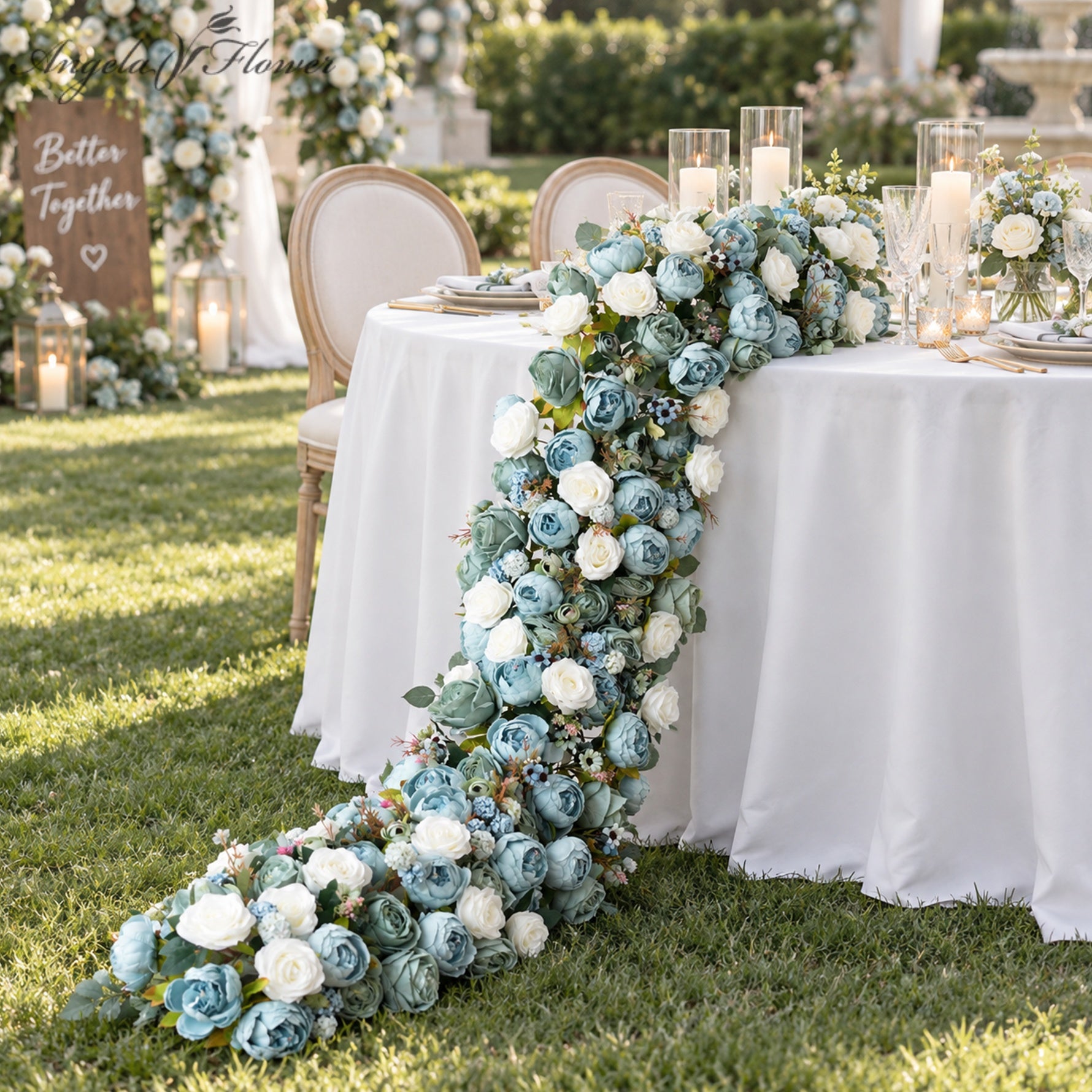 dusty blue and white flower runner for wedding head table