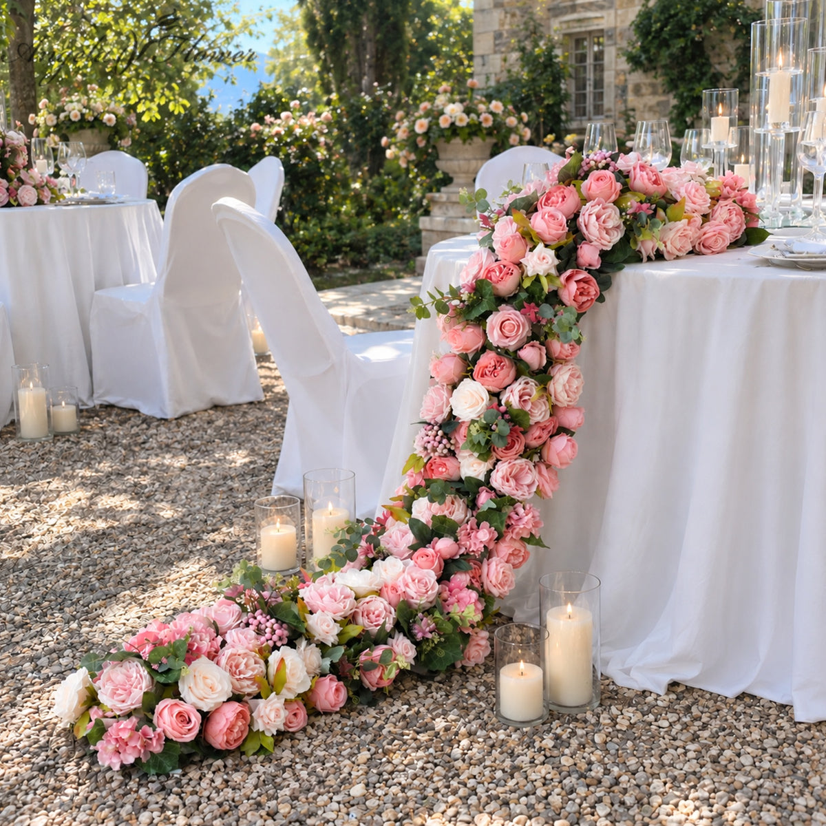 pink faux garden rose trailing garland for sweetheart table