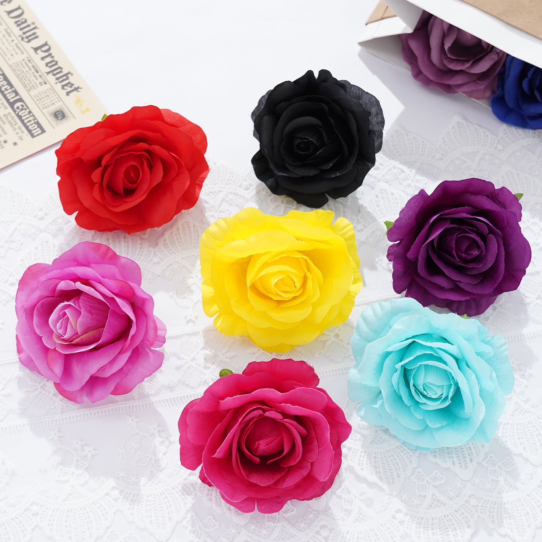 Realistic faux rose heads with layered petals for decoration