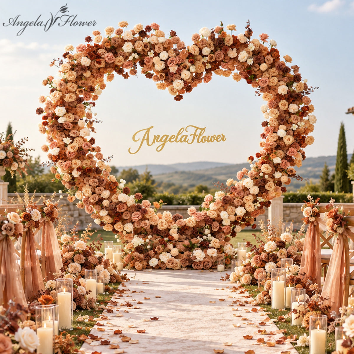 Landscape outdoor wedding scene with heart flower arch