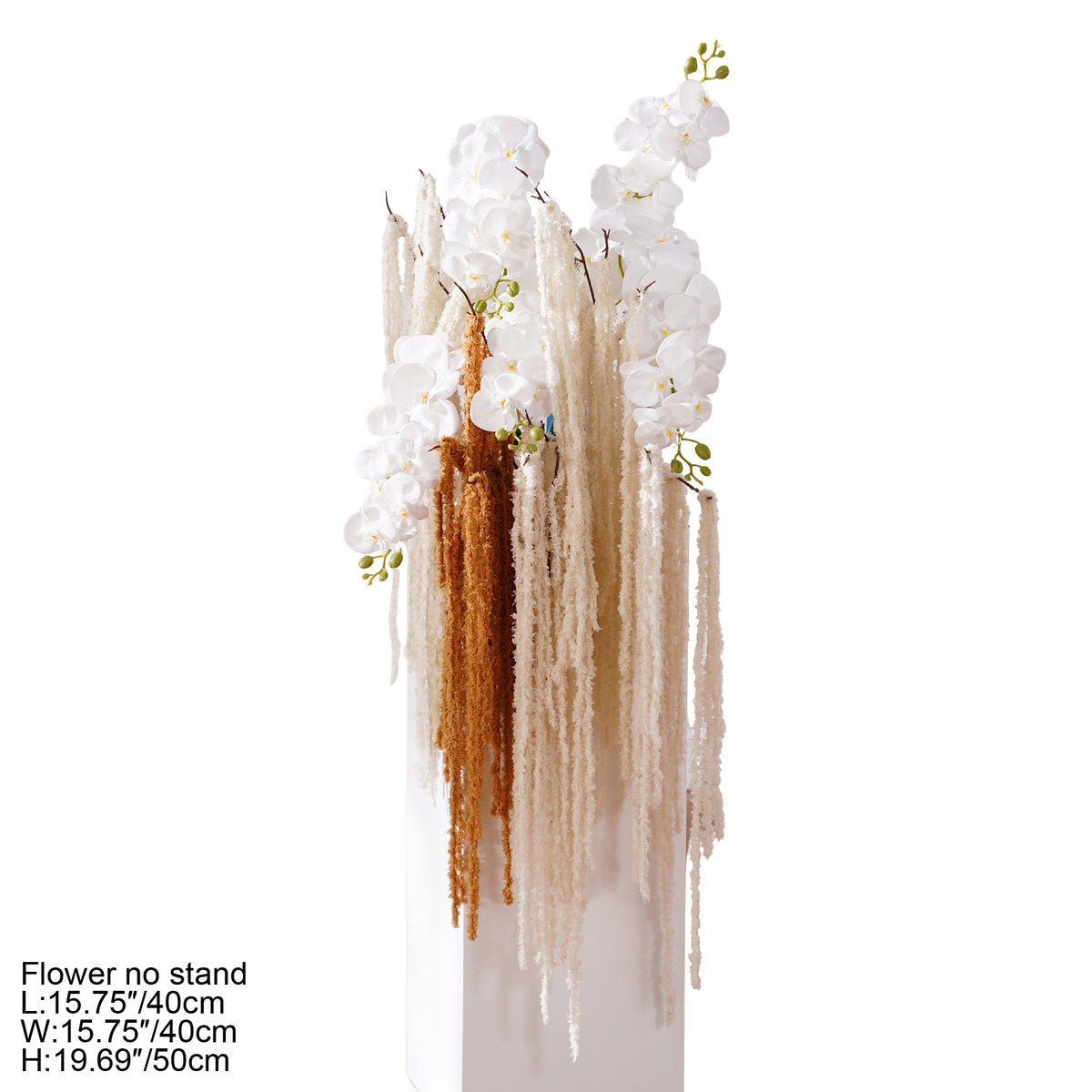 Romantic outdoor wedding flower display with white orchids, hanging vine