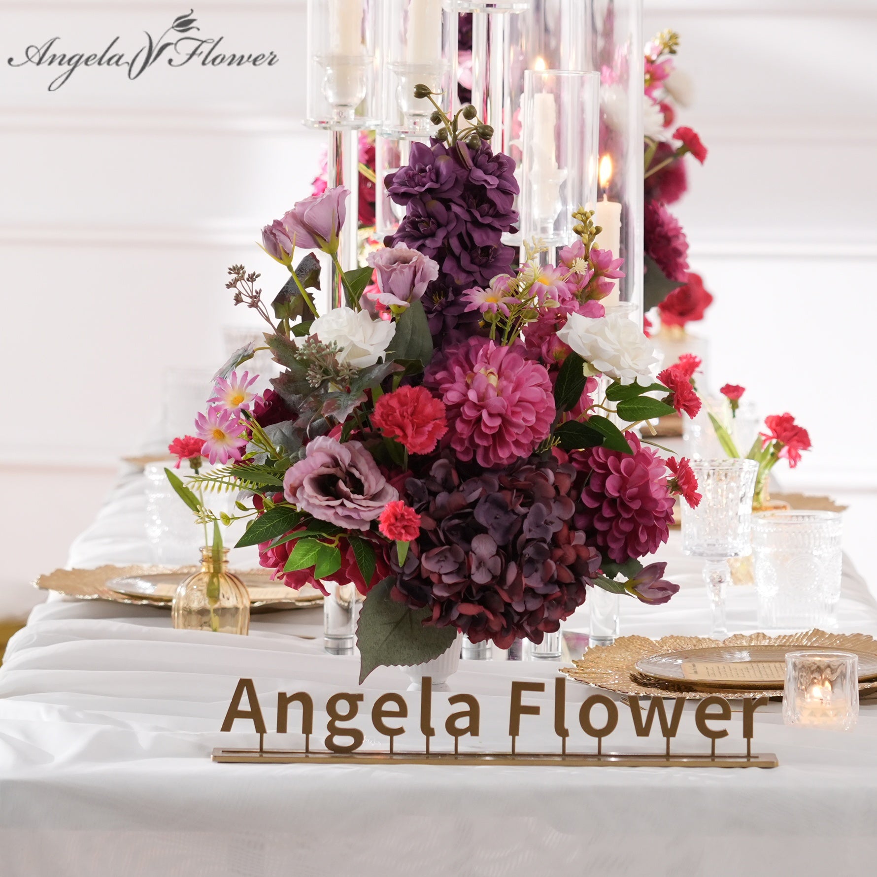 dark‑purple‑magenta‑faux‑wedding‑table‑centerpiece‑mixed‑floral‑arrangement