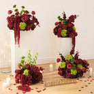 Burgundy rose mixed with bright green hydrangea pillar and floor flower set