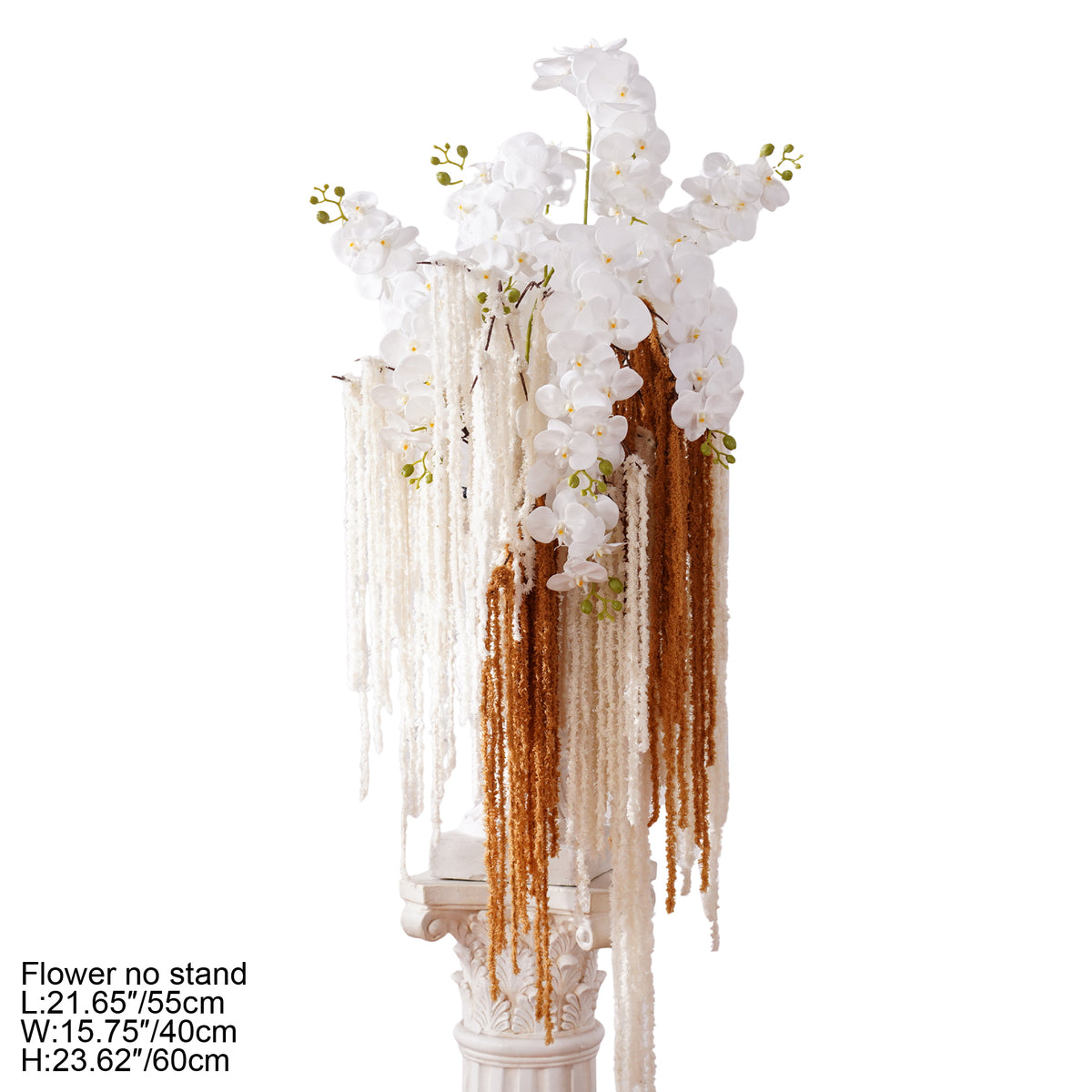 Indoor wedding backdrop styling with white phalaenopsis and long trailing amaranthus flowers