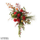 Mixed frosted pine, eucalyptus, red rose and gold ball holiday floral texture close up