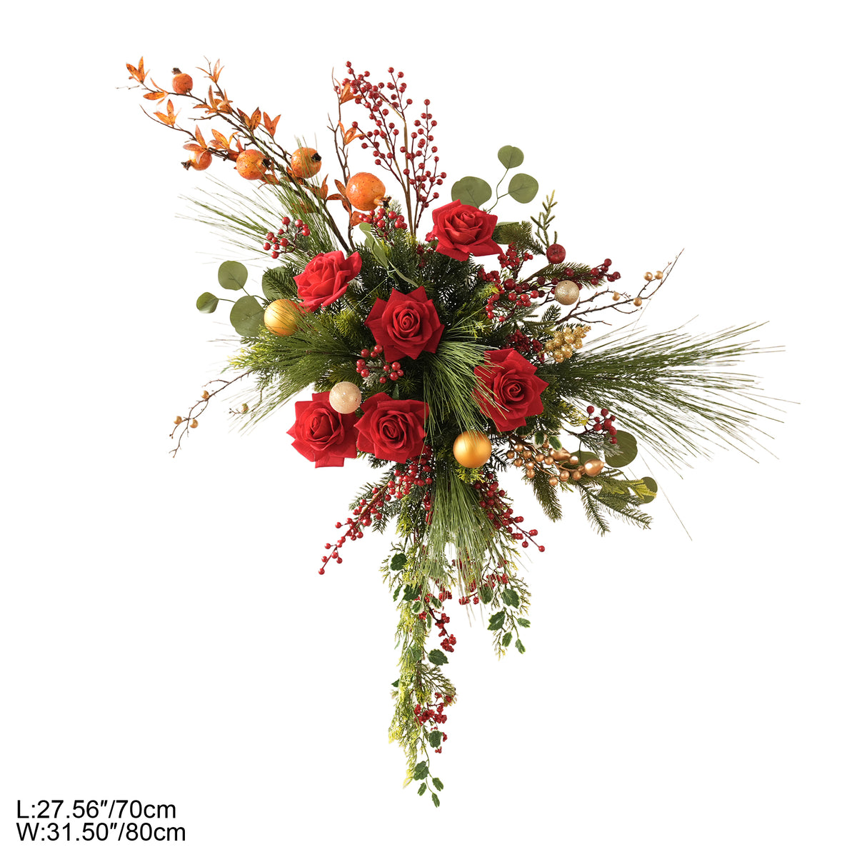 Mixed frosted pine, eucalyptus, red rose and gold ball holiday floral texture close up