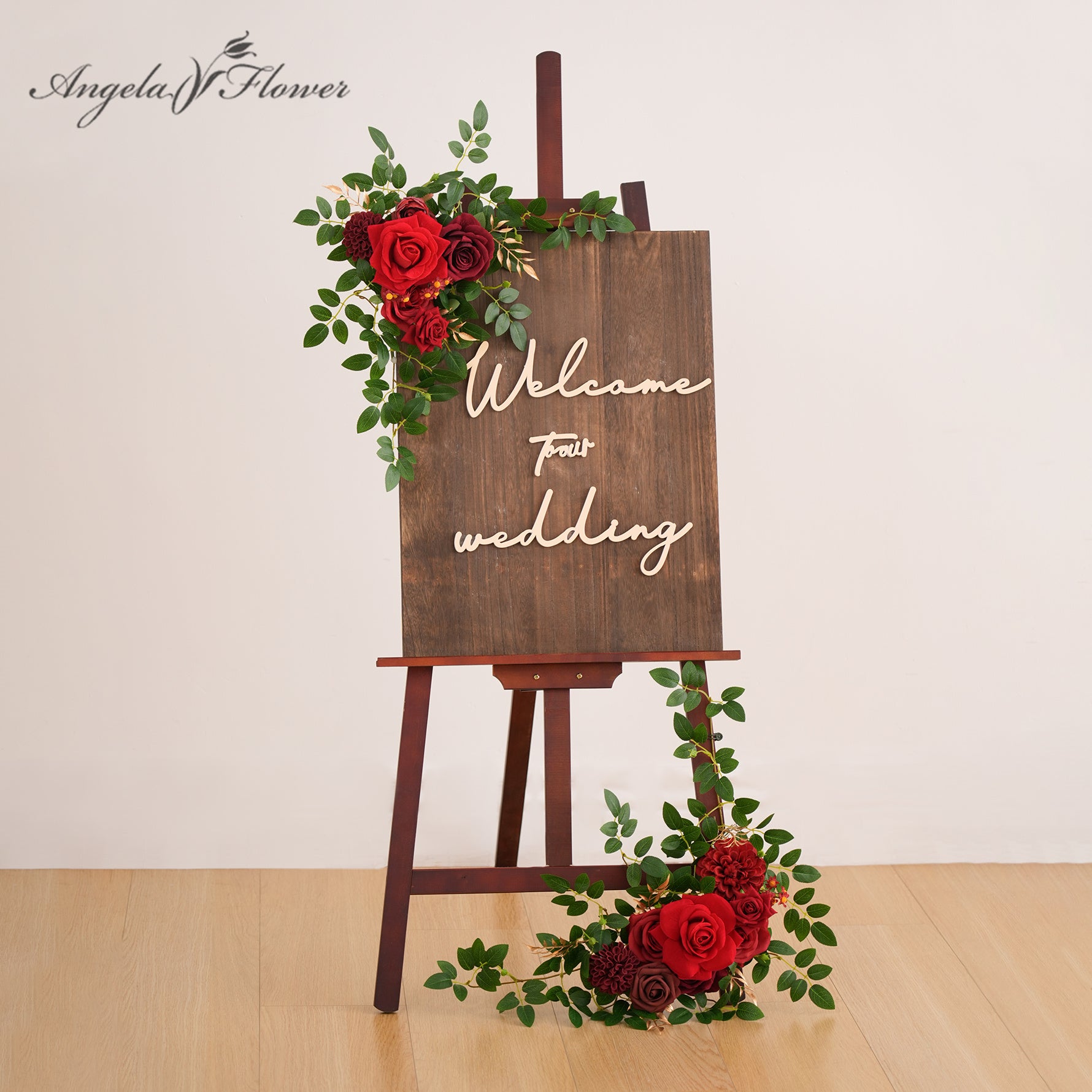 A9005 2pcs Red Rose Greenery Welcome Sign Flowers Wedding Entryway