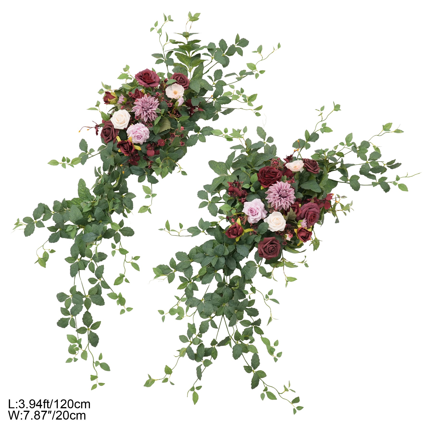 Moody burgundy floral swag wedding arch styling