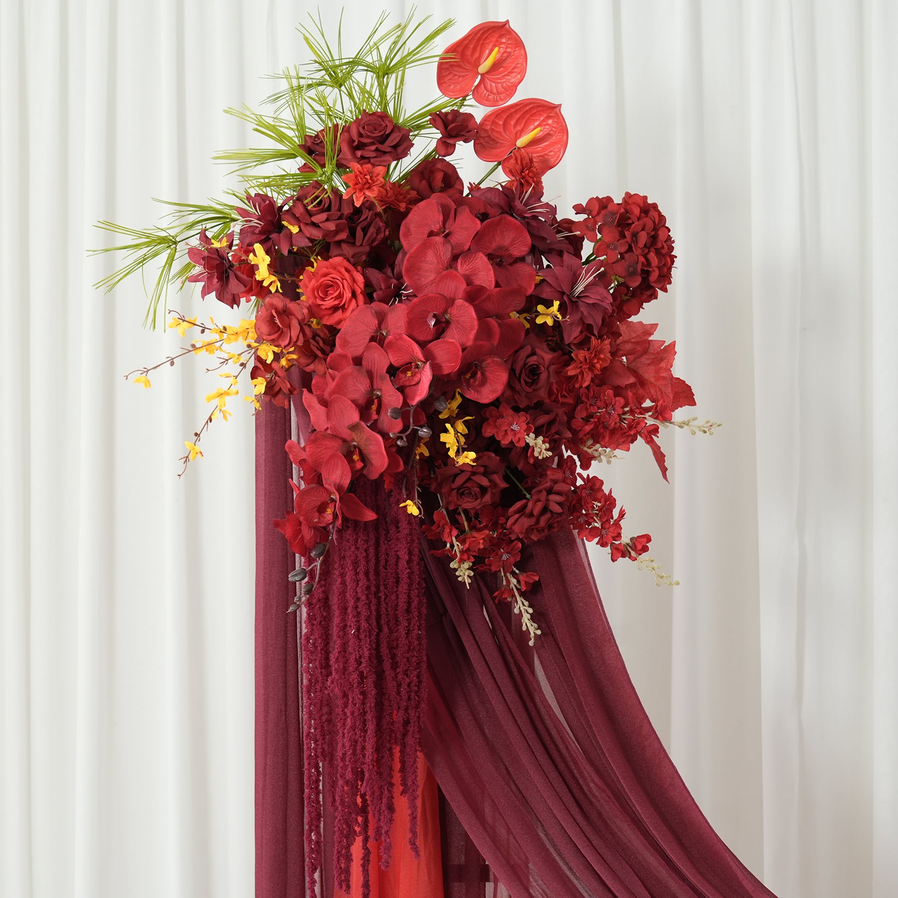 A9124 Burgundy Orchid Palm Hanging Vine Flower Arrangement Aisle