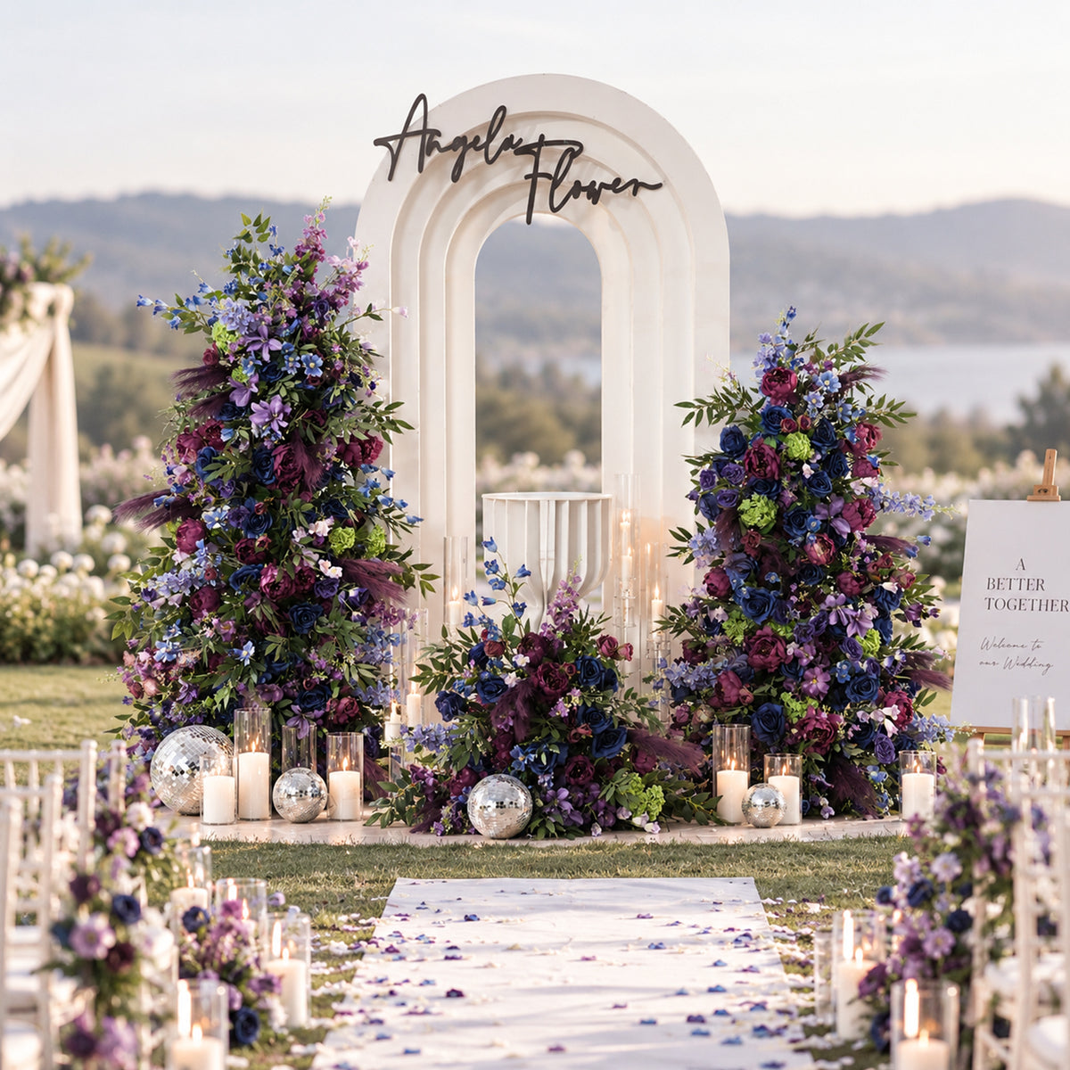 navy_purple_wedding_floral_pillar_set