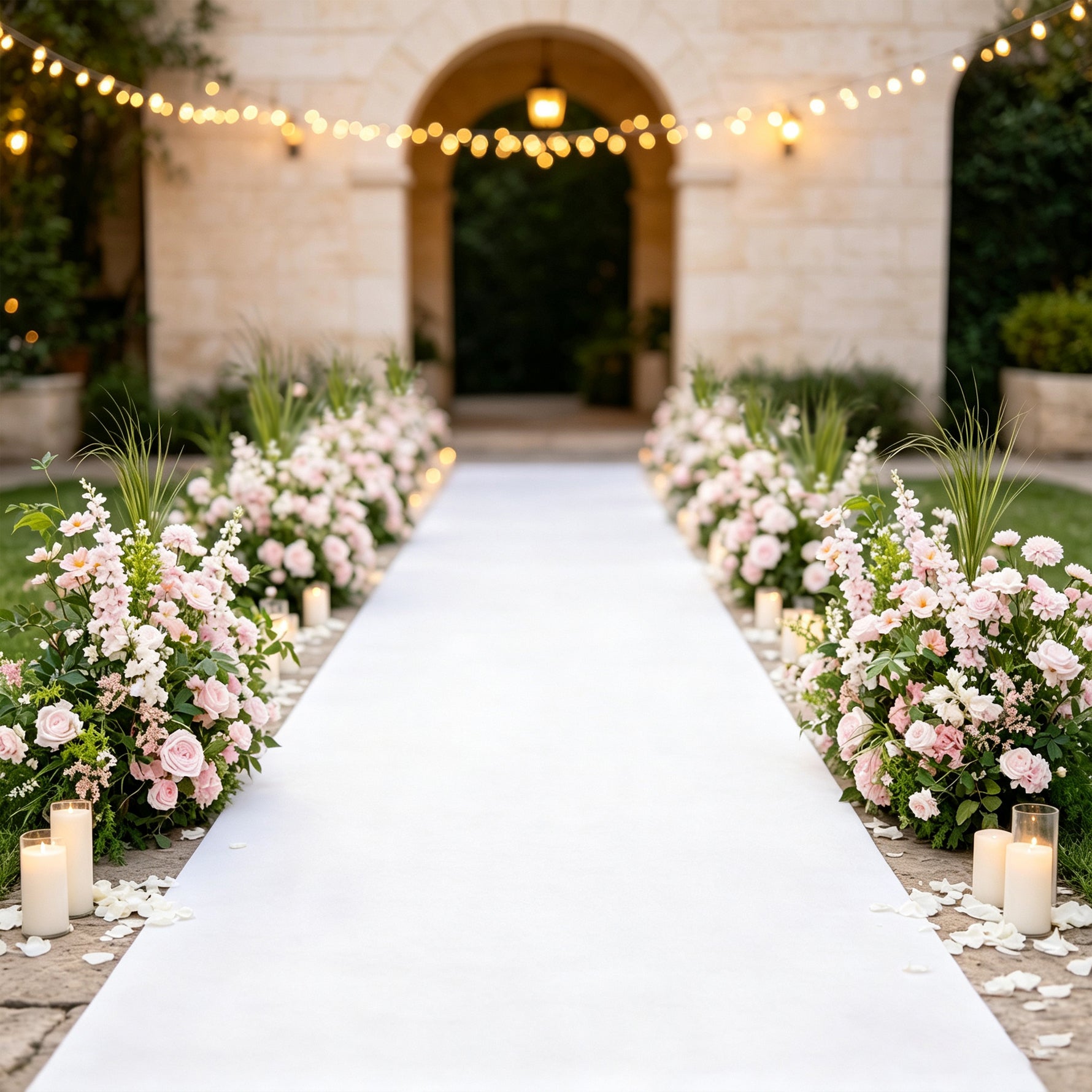Elegant Blush Pink Flower Arrangement for Outdoor Wedding Aisle