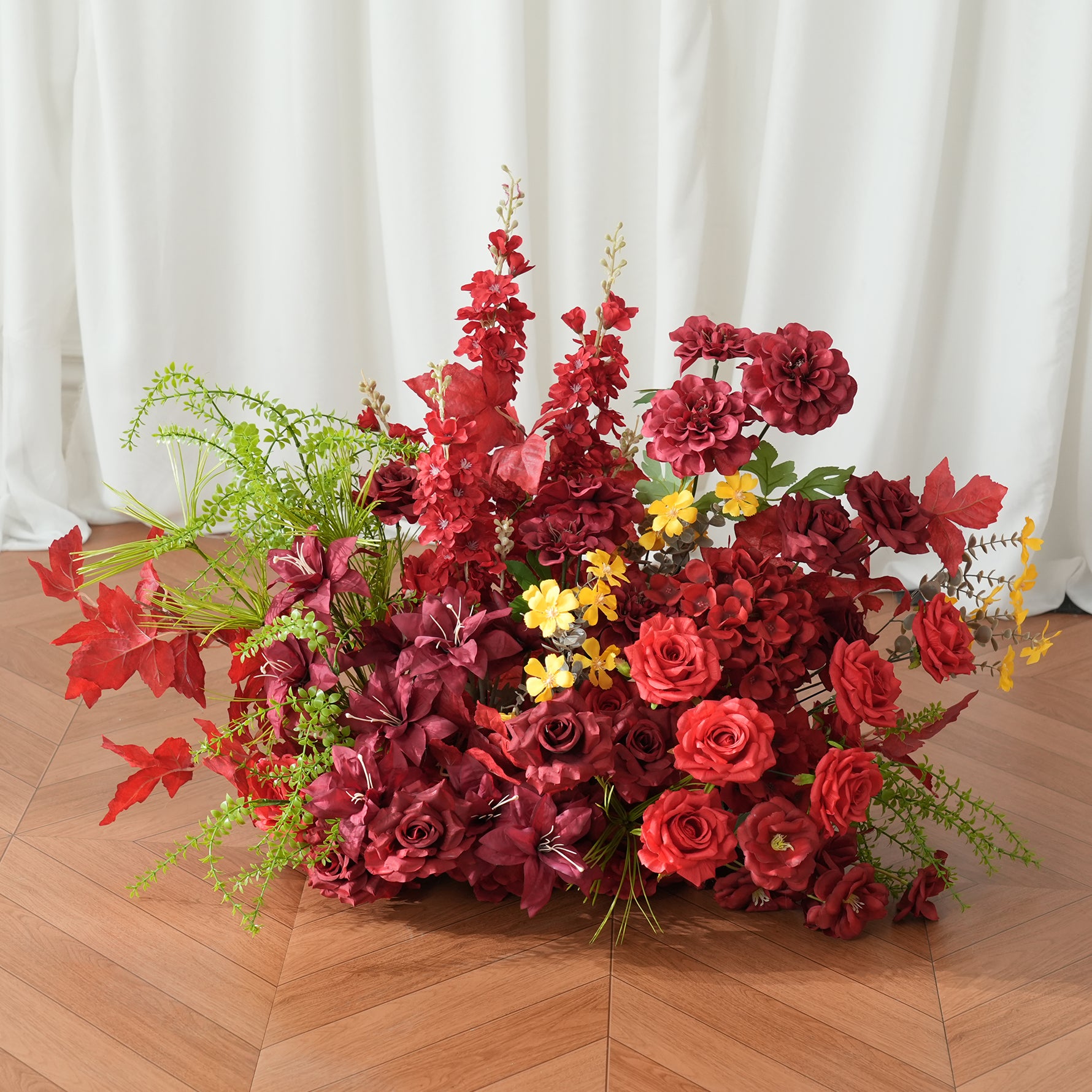 A9124 Burgundy Orchid Palm Hanging Vine Flower Arrangement Aisle