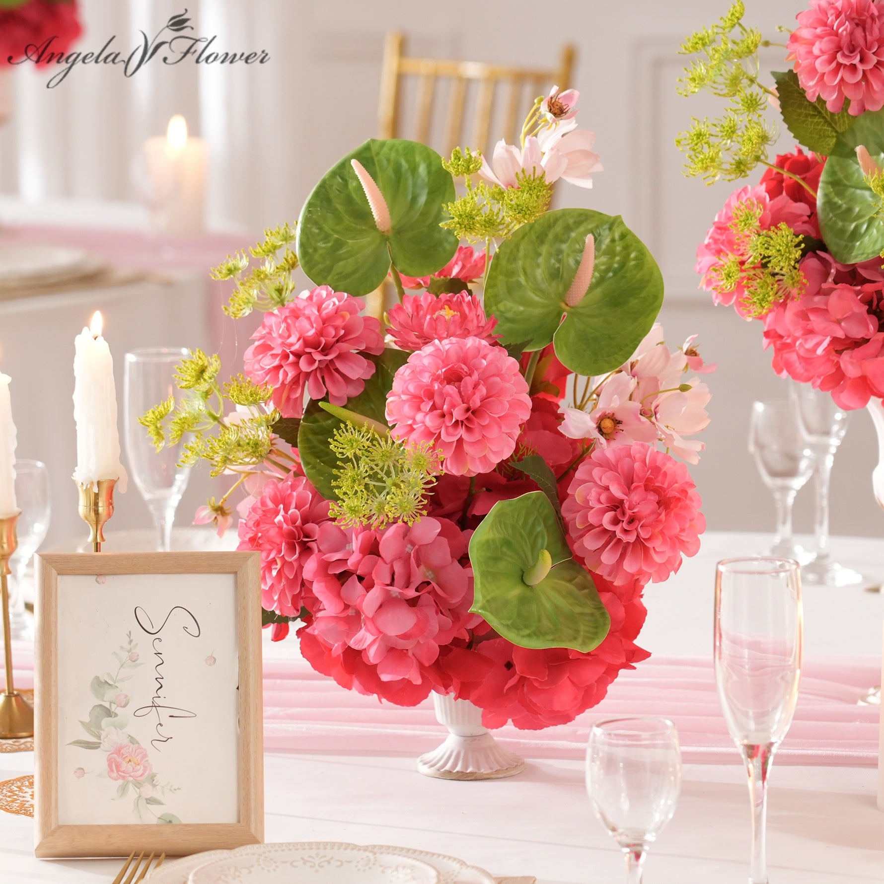 hot‑pink‑faux‑wedding‑table‑centerpiece‑dahlia‑anthurium‑vase‑arrangement