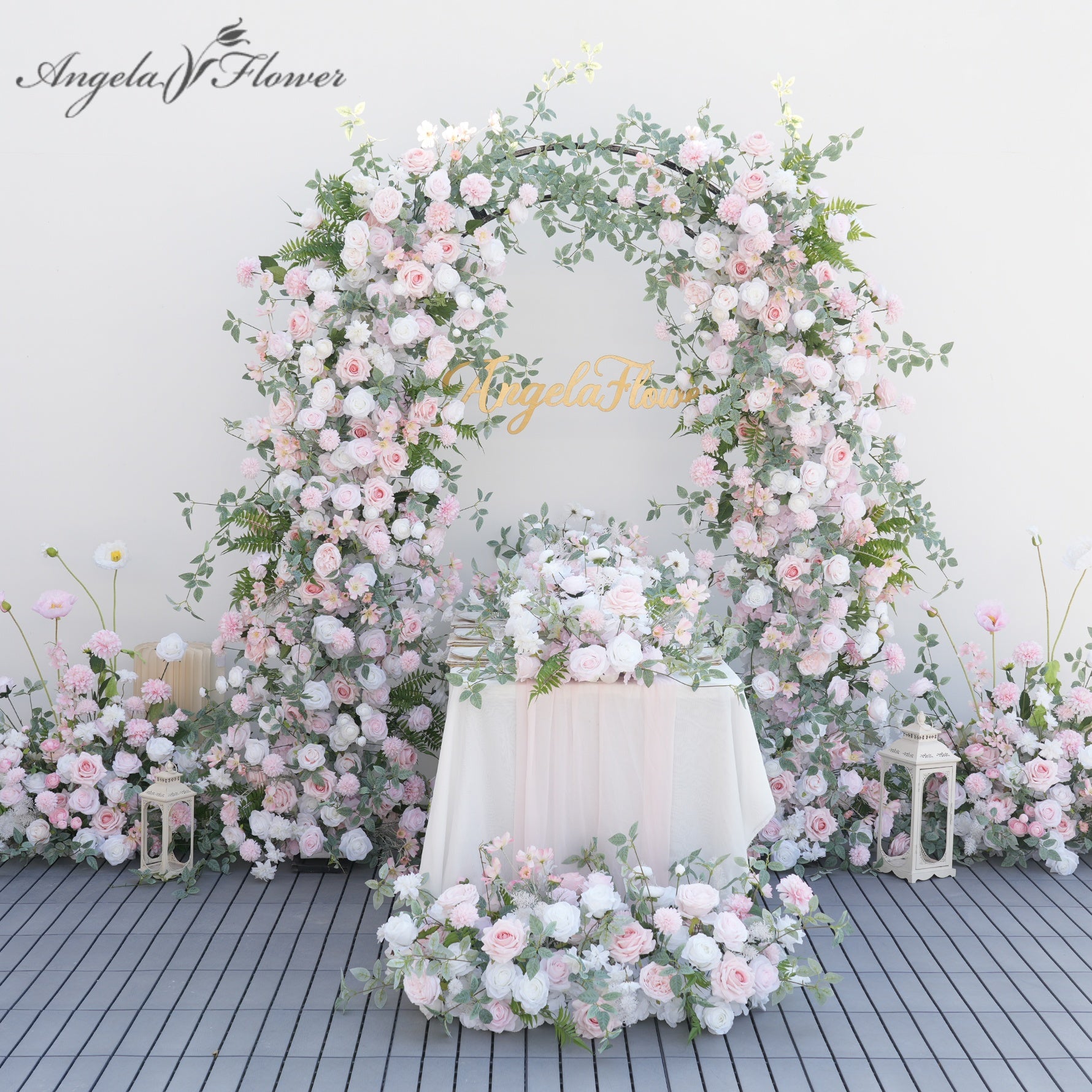 A9073 Artificial Greenery Pink Rose Floral Row Aisle Flower