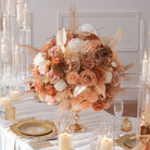 Vintage caramel rose table arrangement with faux ping pong chrysanthemum