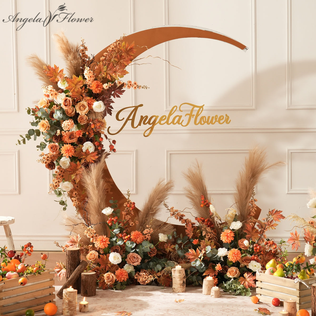 Autumn terracotta pampas grass floral set for moon wedding backdrop