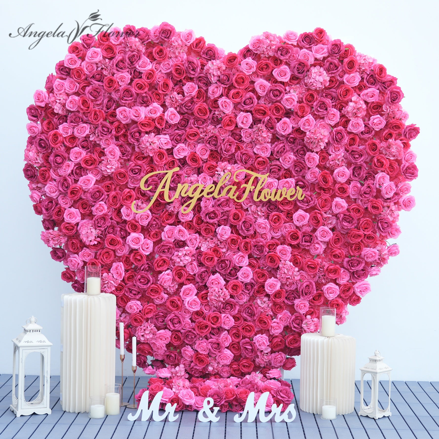Hot Pink Heart-Shaped Floral Wall Fabric Base Wedding Backdrop