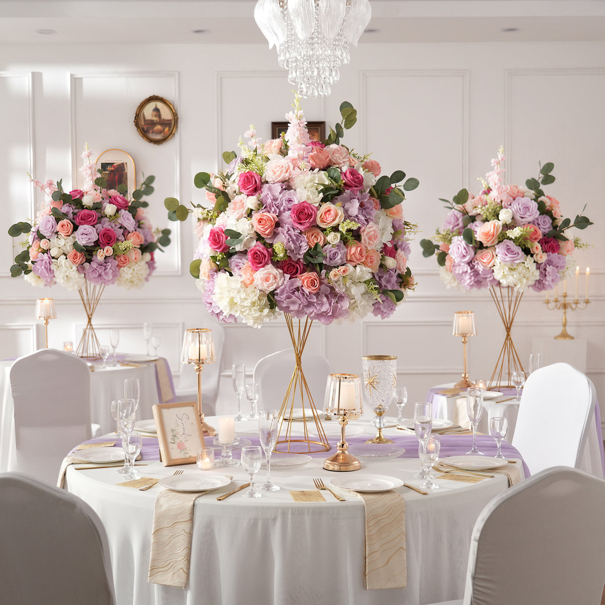 Luxury lakeside outdoor wedding table floral decor with hydrangea and roses