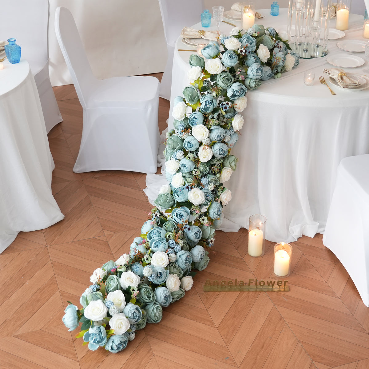 long trailing faux flower runner sweetheart table decor