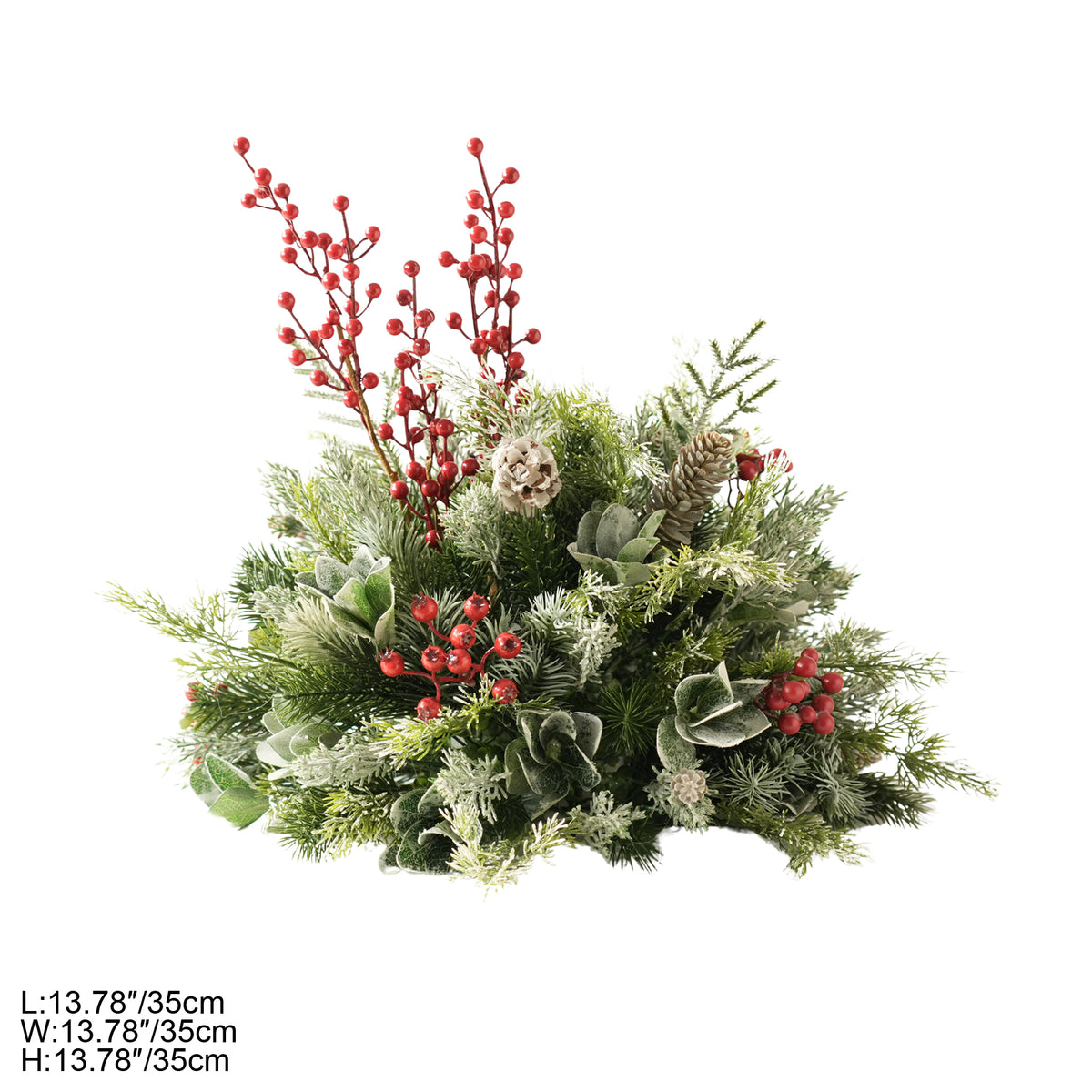 Faux christmas arch flowers featuring red berries, pine cones and burgundy magnolia blooms