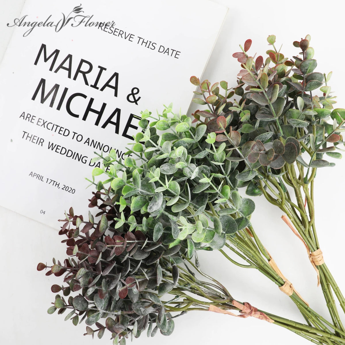 Hand-tied bunch of artificial silver dollar eucalyptus stems