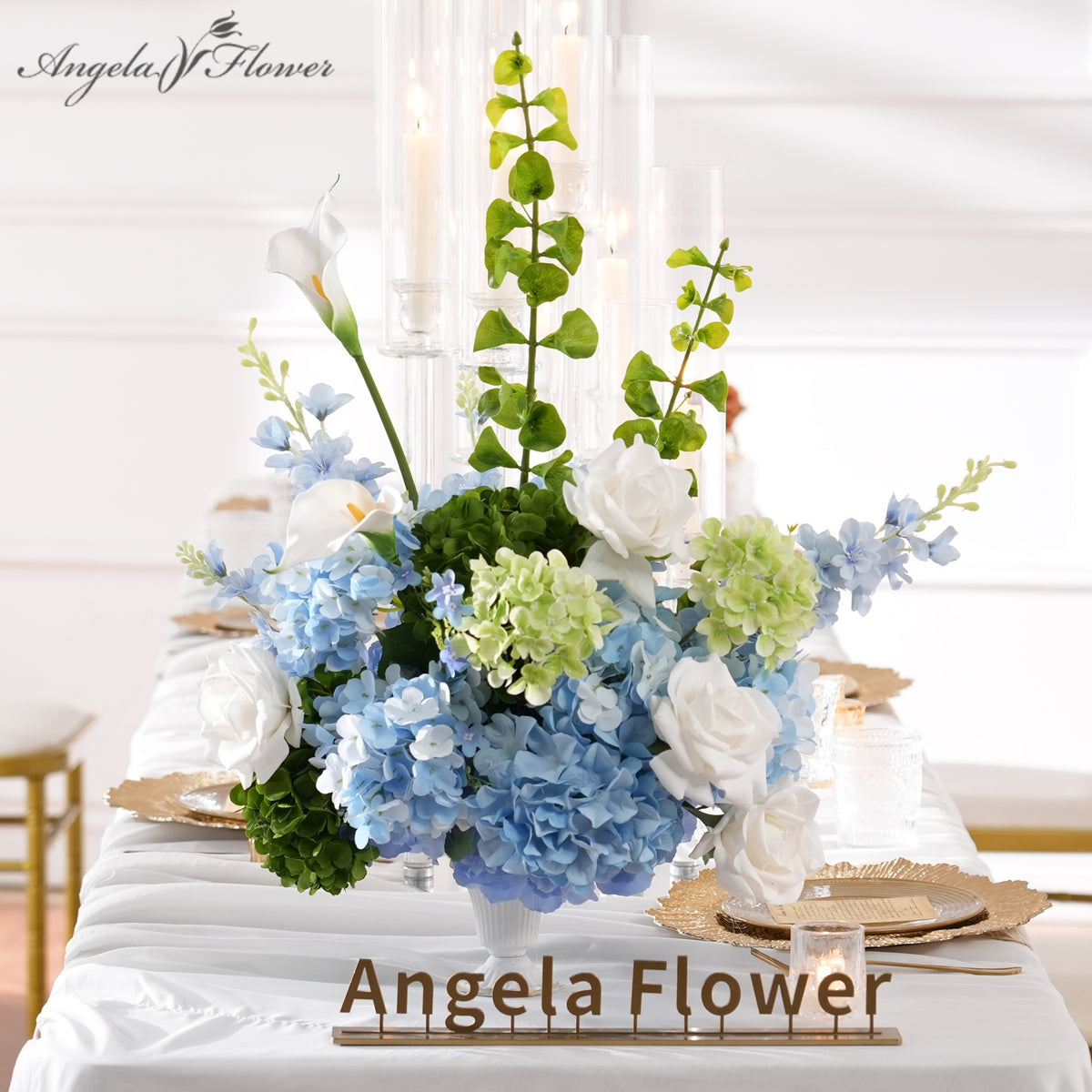 Blue white artificial flower table centerpiece for outdoor wedding reception 