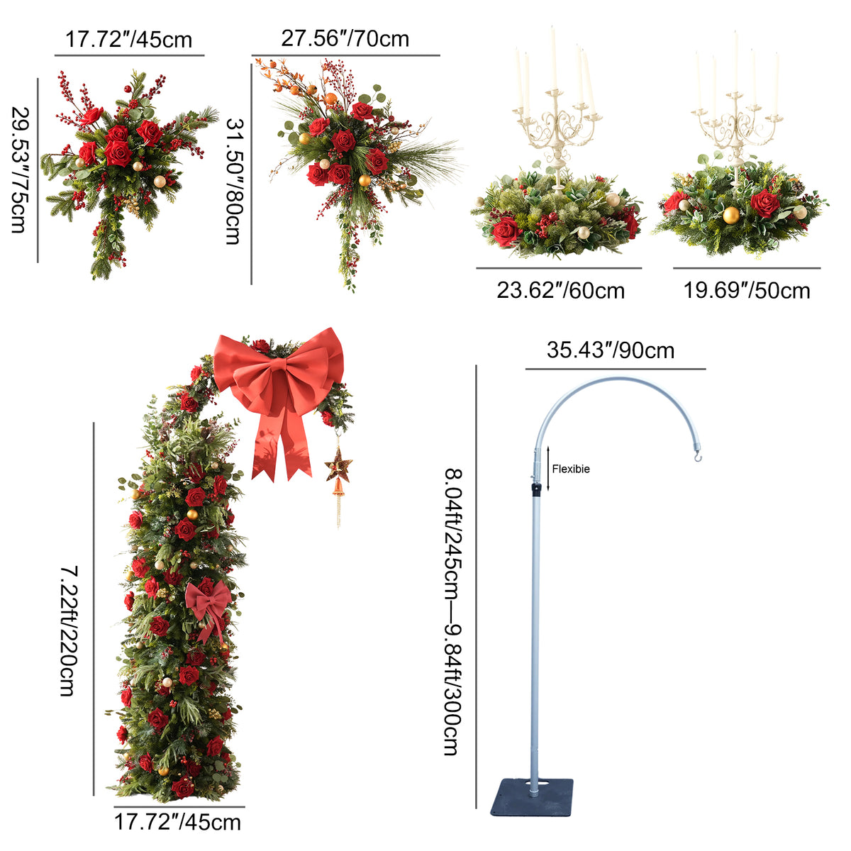 Outdoor home front christmas hoop arch setup with green velvet table and holiday gift decor