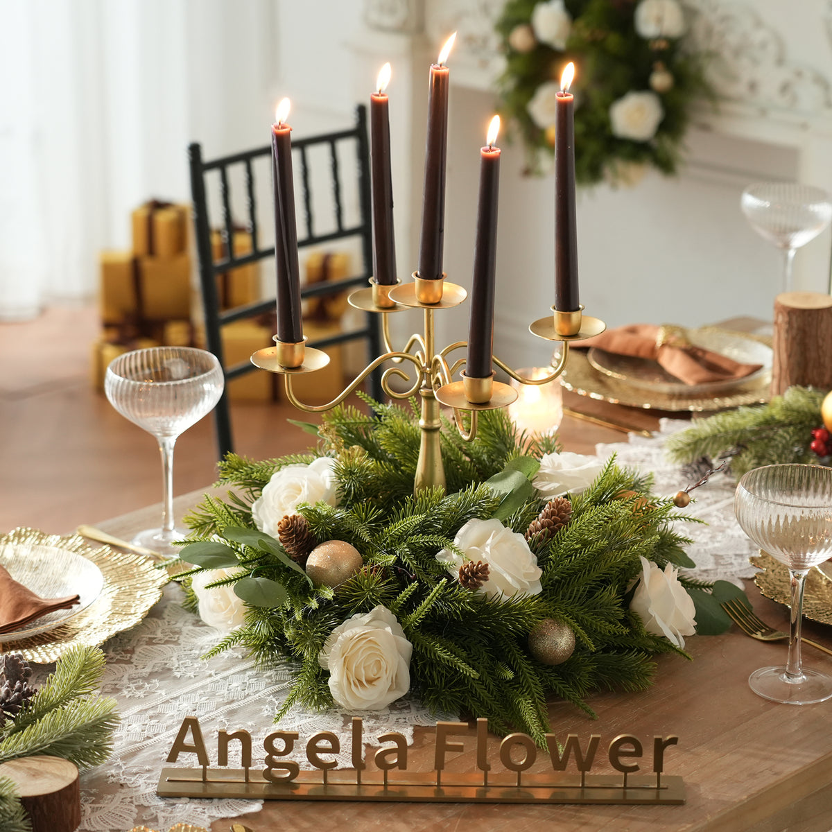 Neutral white green gold Christmas table decor inspiration