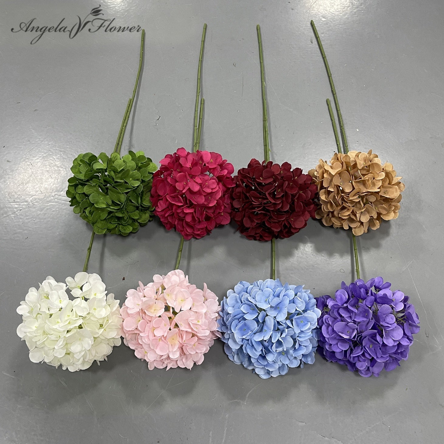 multicolor‑artificial‑hydrangea‑stems‑grey‑flat‑lay‑product‑shot
