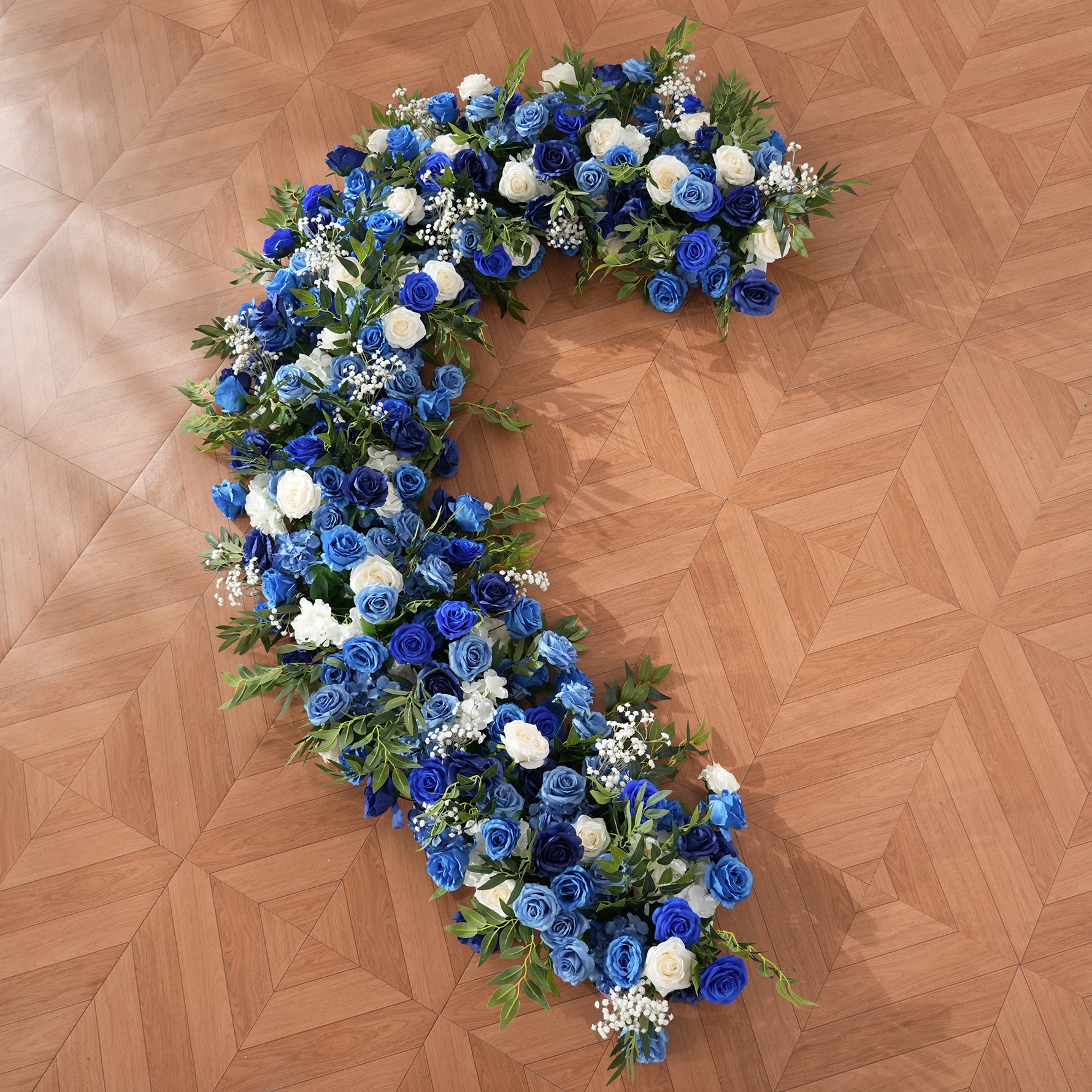 navy blue ivory heart floral installation
