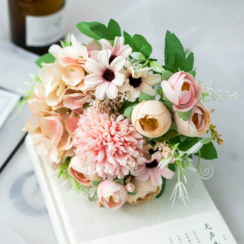 multi‑pastel tone silk peony rose dahlia mixed flower stems