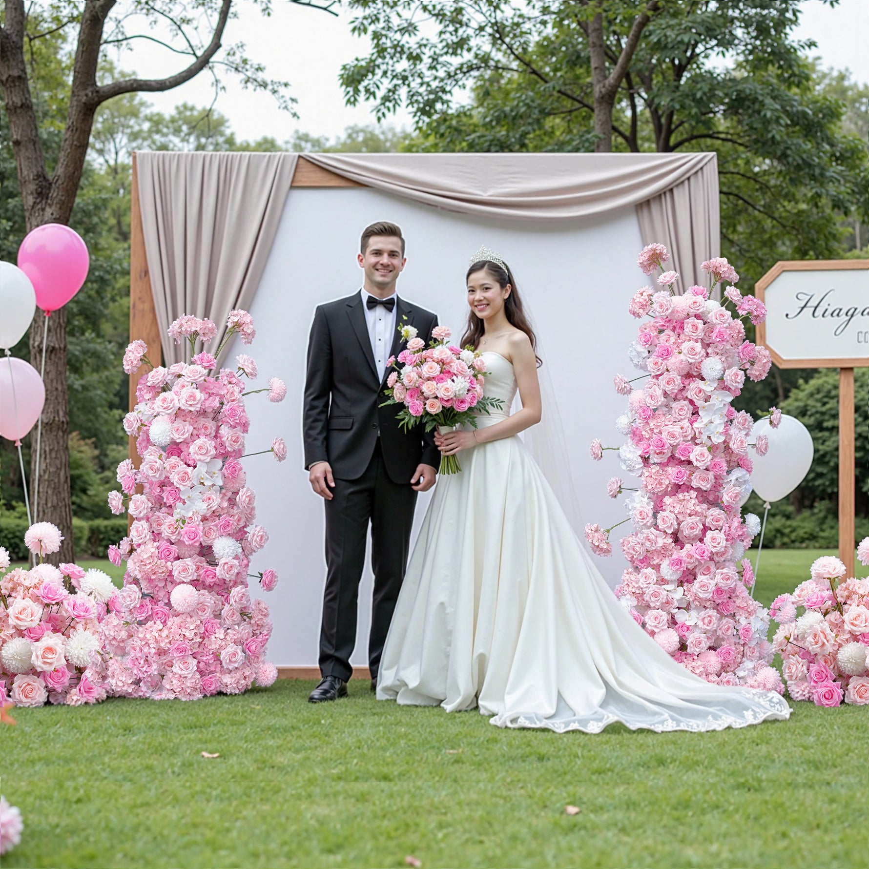 A8961 Pink Rose Hydrangea Floral Row KT Board Backdrop Wedding