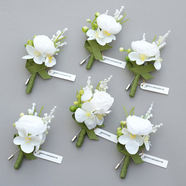 A9001 6pcs/set White Rose Bud Groomsman Corsage Wedding Decorations Accessories