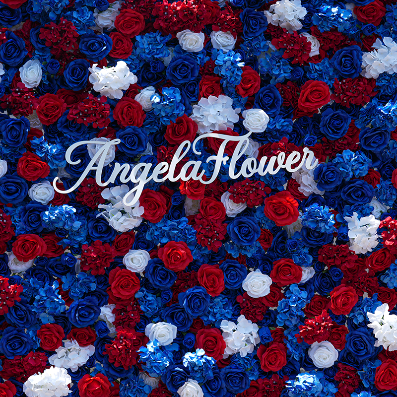 Close‑up texture of mixed red blue white artificial rose flower wall
