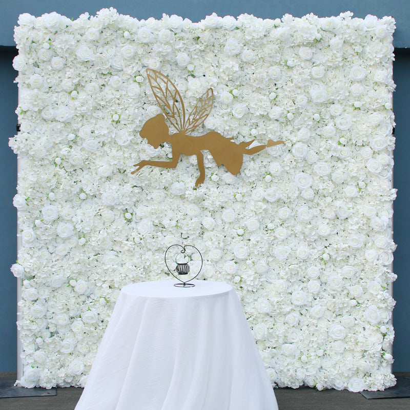 Wedding reception white floral backdrop portrait wall