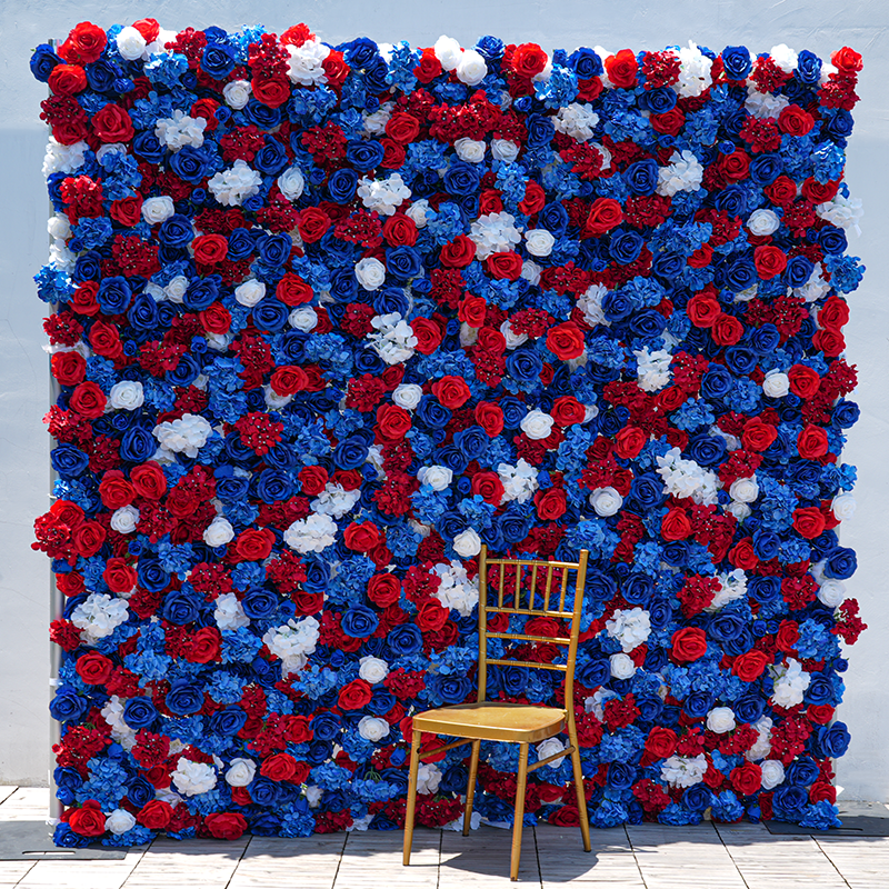 Vibrant red white blue flower wall for memorial day event photo‑booth background