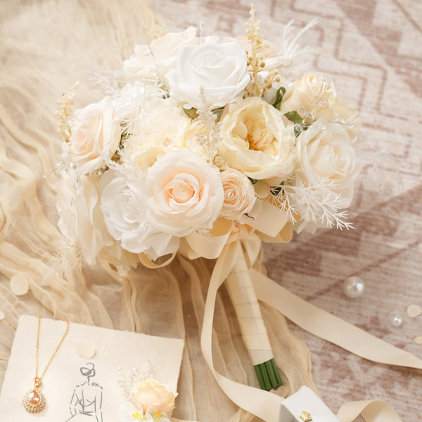 A9009 Champagne White Rose Bridal Bouquet For Wedding Ceremonies Decor