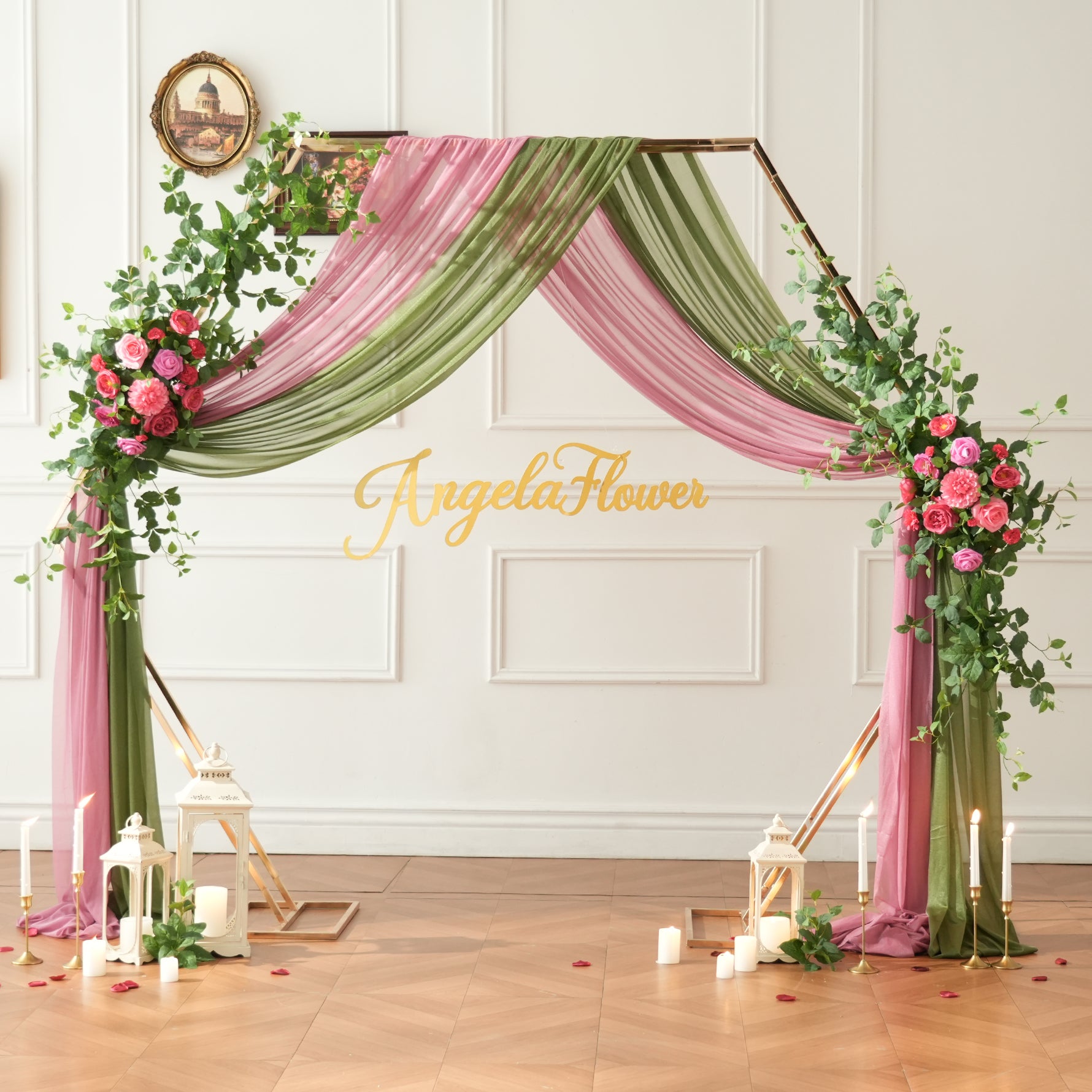 faux‑floral‑swags‑birch‑arch‑hot‑pink‑ceremony‑decor

