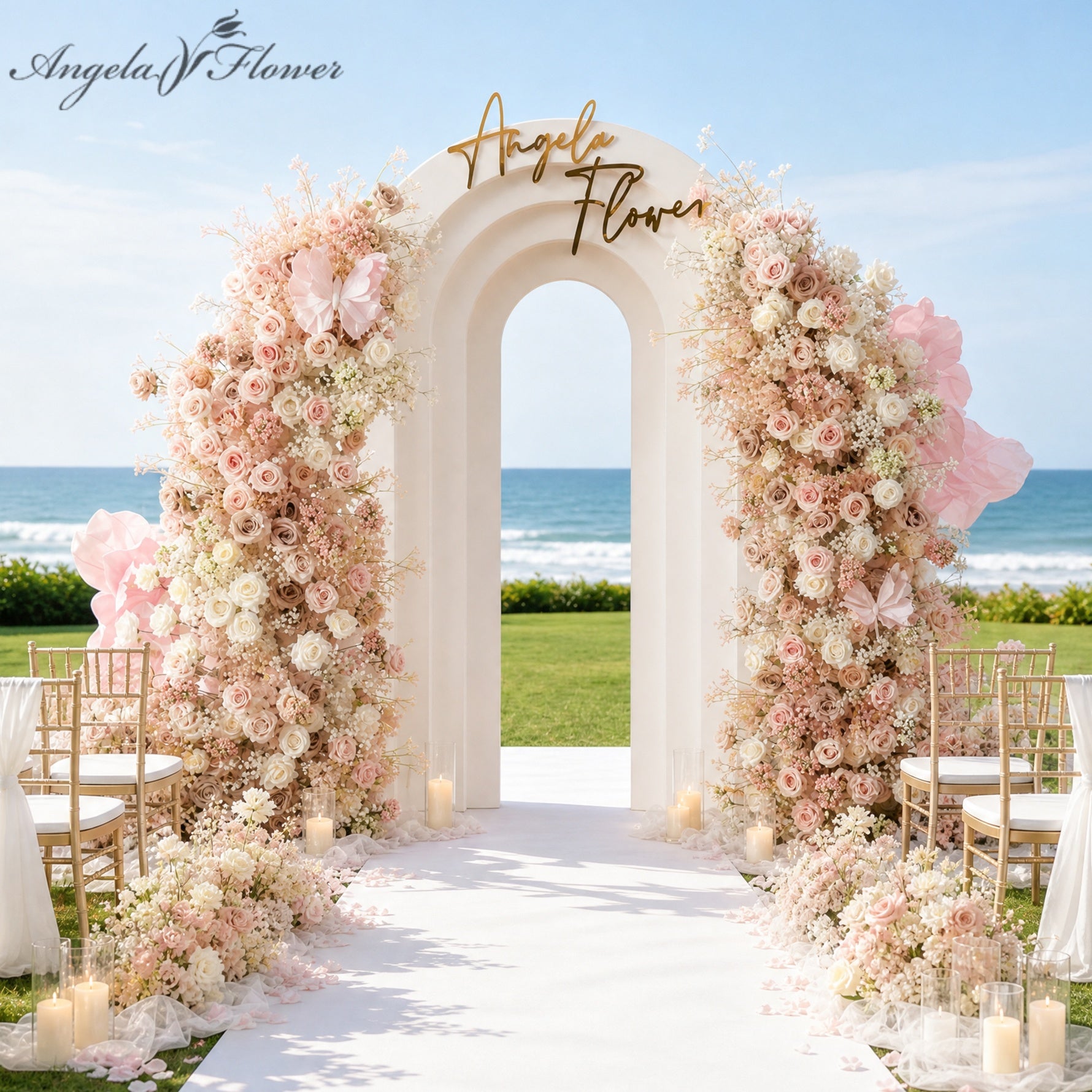 pink white rose baby breath wedding horn arch