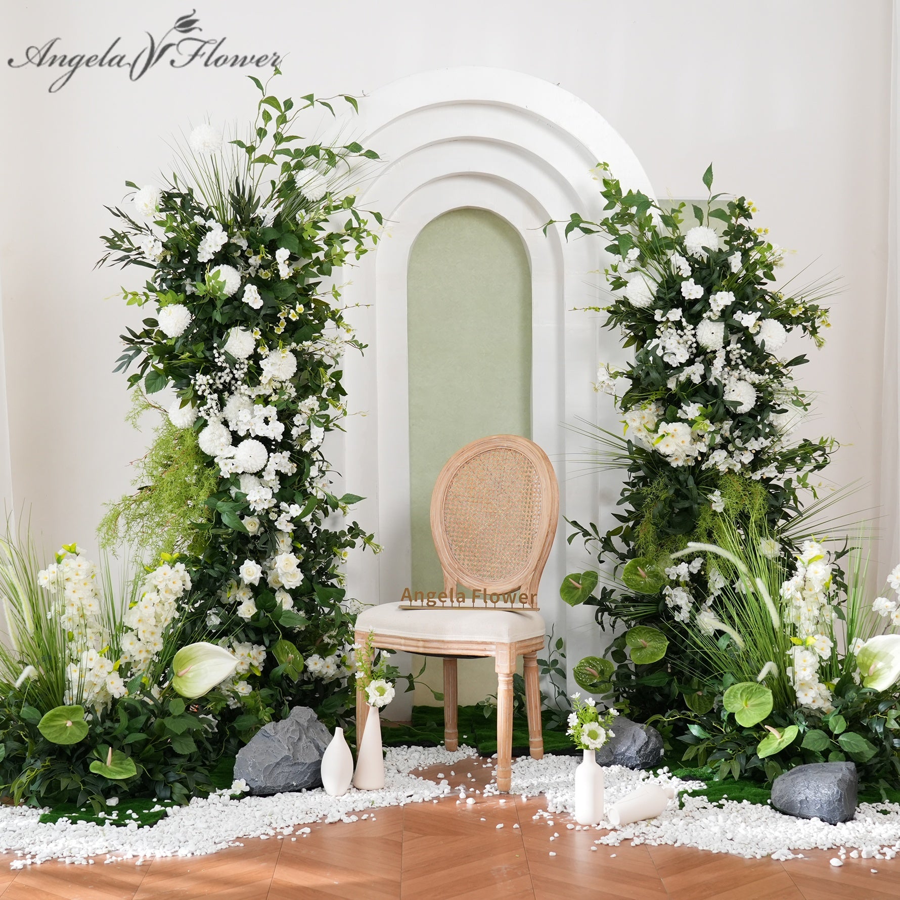 White Green Mori Wedding Arch Floral Decor