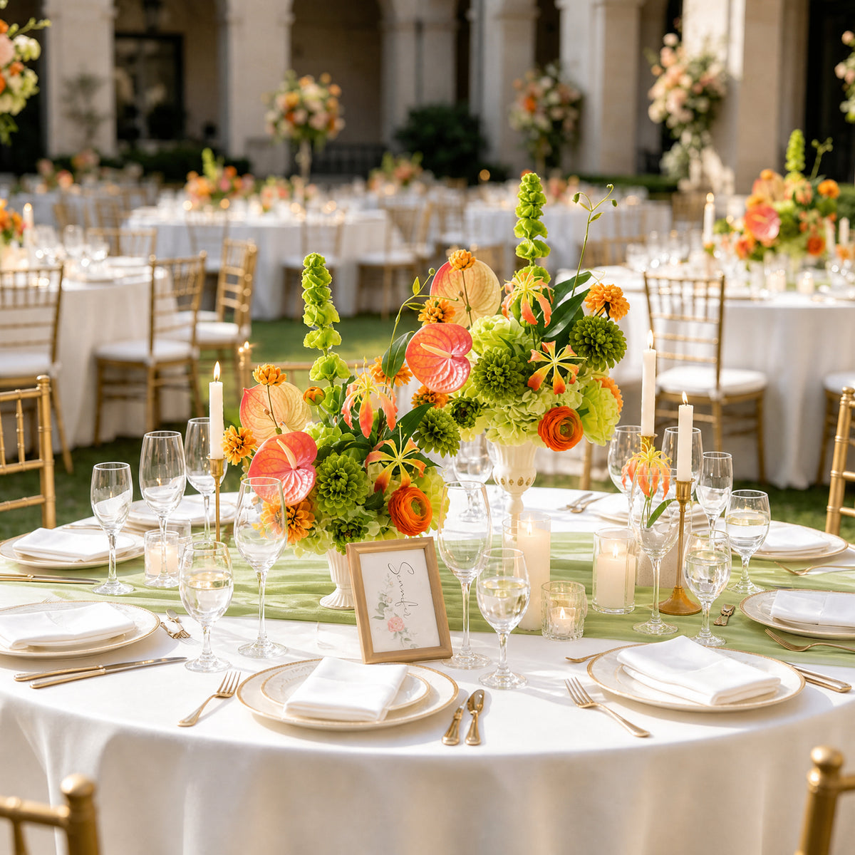 bright‑orange‑green‑faux‑mixed‑blooms‑table‑center‑vase‑arrangement‑close‑up