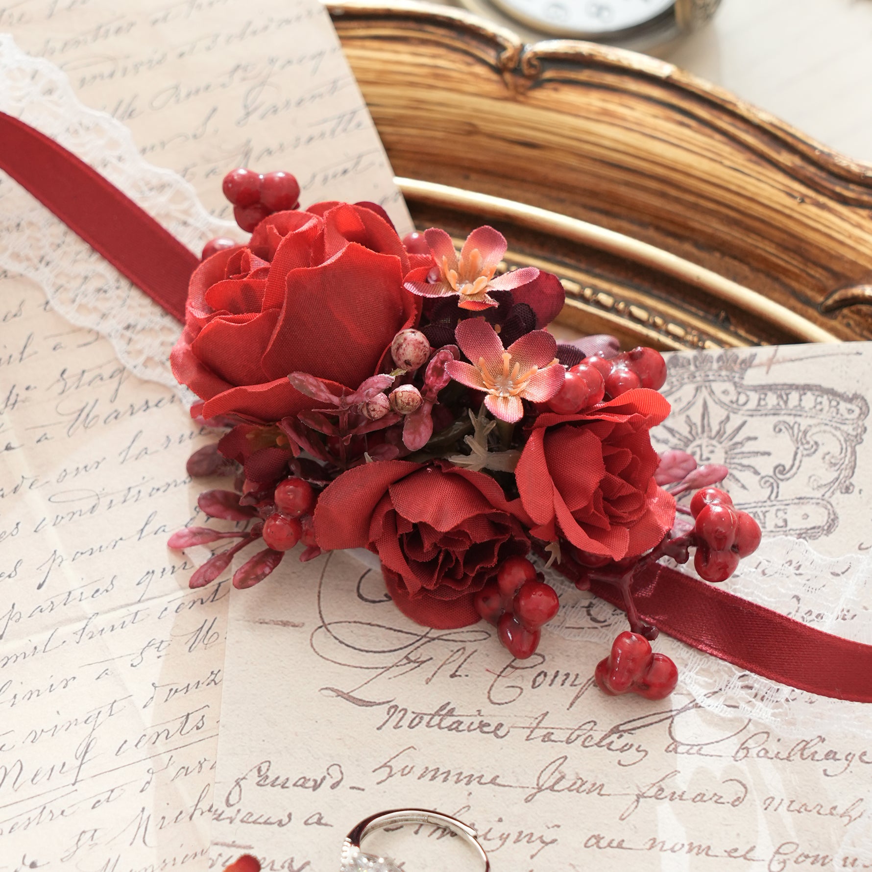 A9005 2pcs/set Red Rose Berries Wrist Flower Corsages Wedding