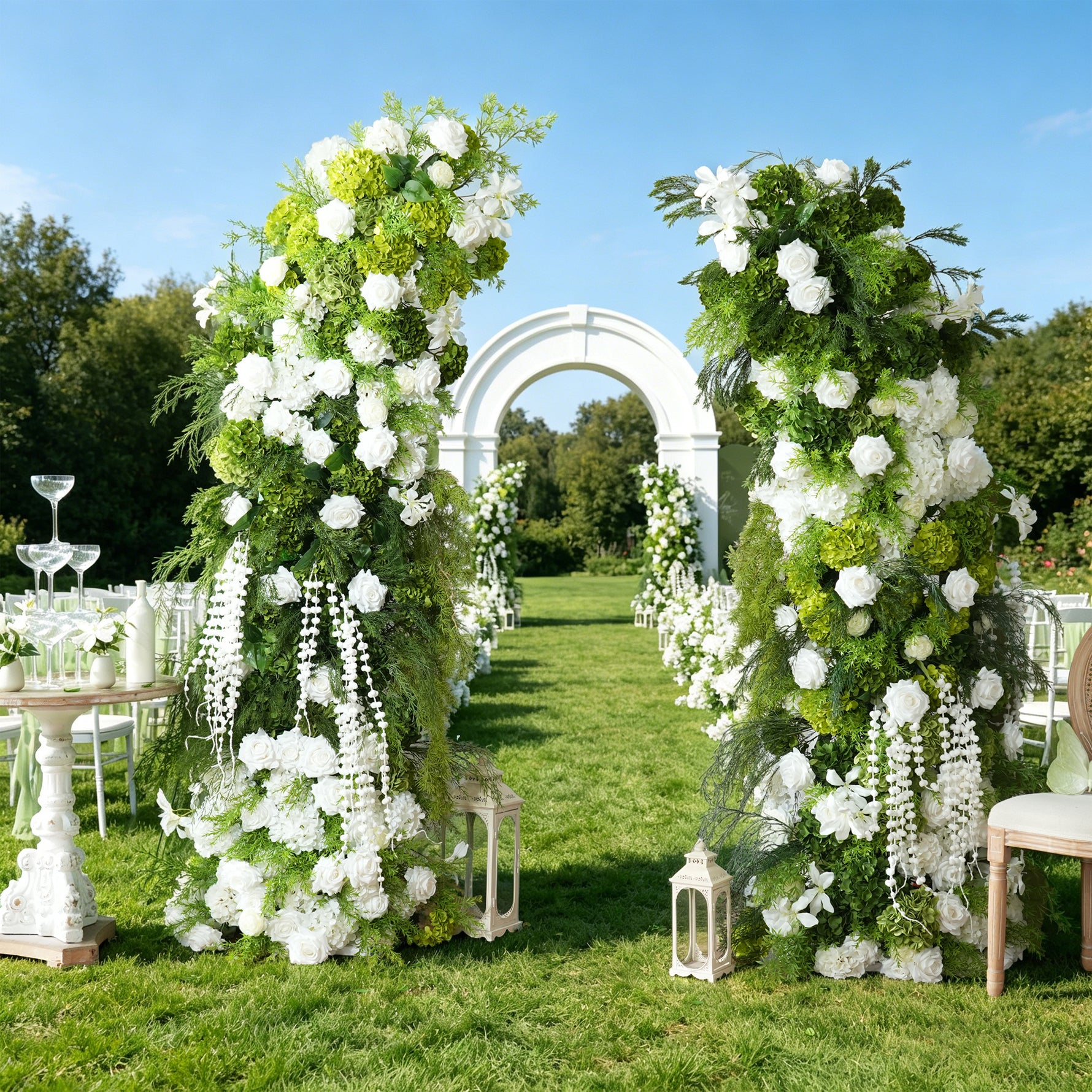 A9125 Green Hydrangea Wisteria Flower Arrangement Horn Arch