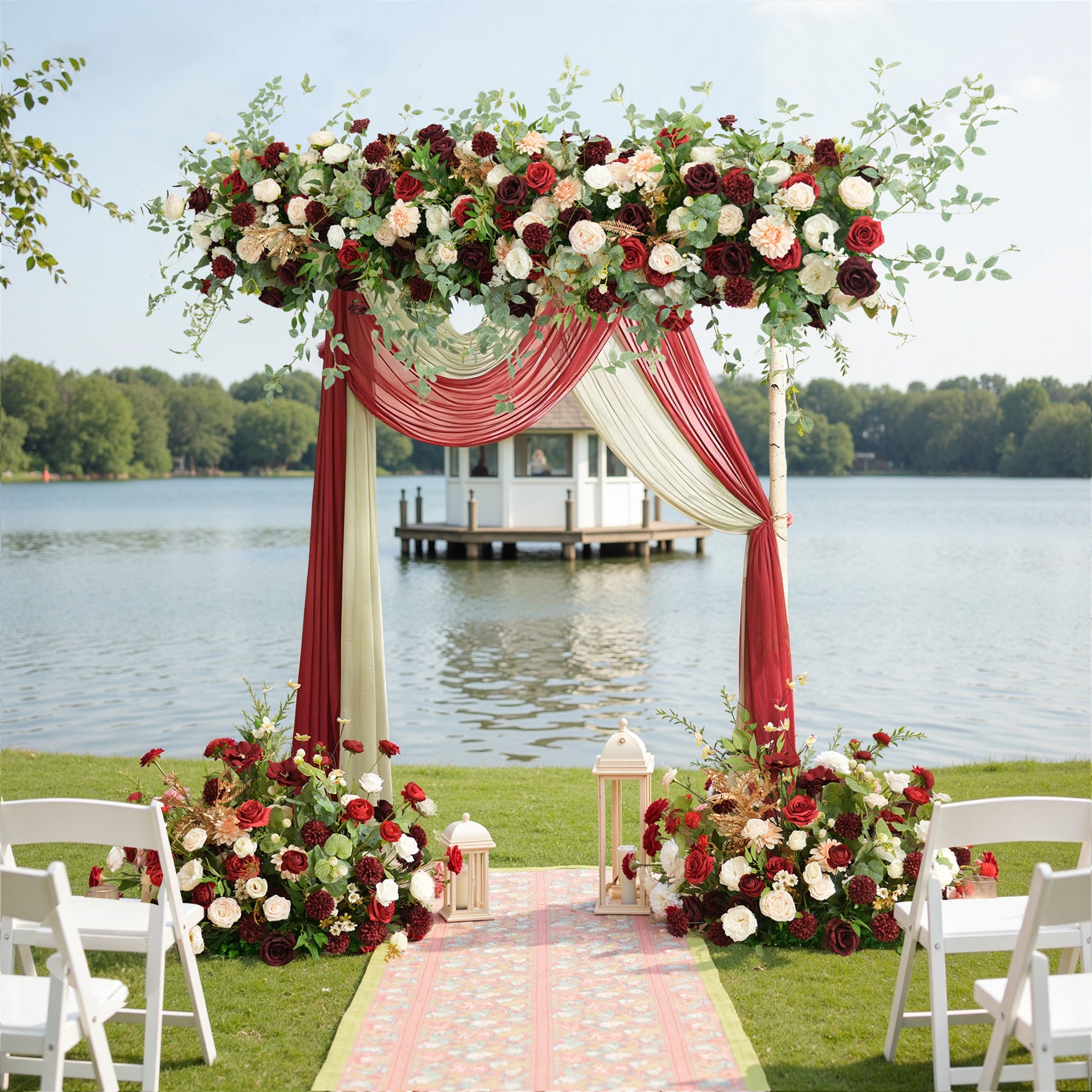Artificial Red White Greenery Flower Row Arrangement Wedding