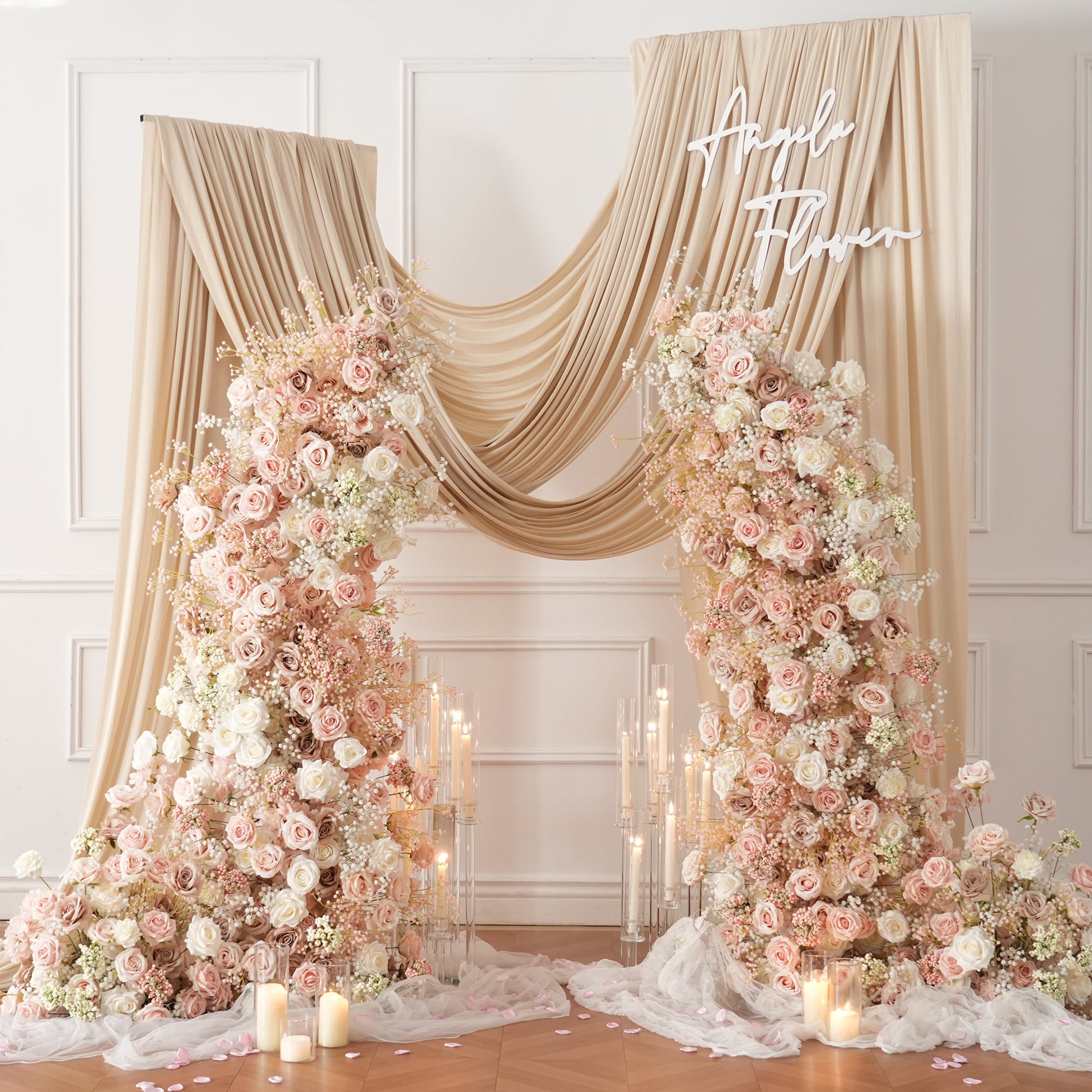 dusty pink baby's breath floral arch decor
