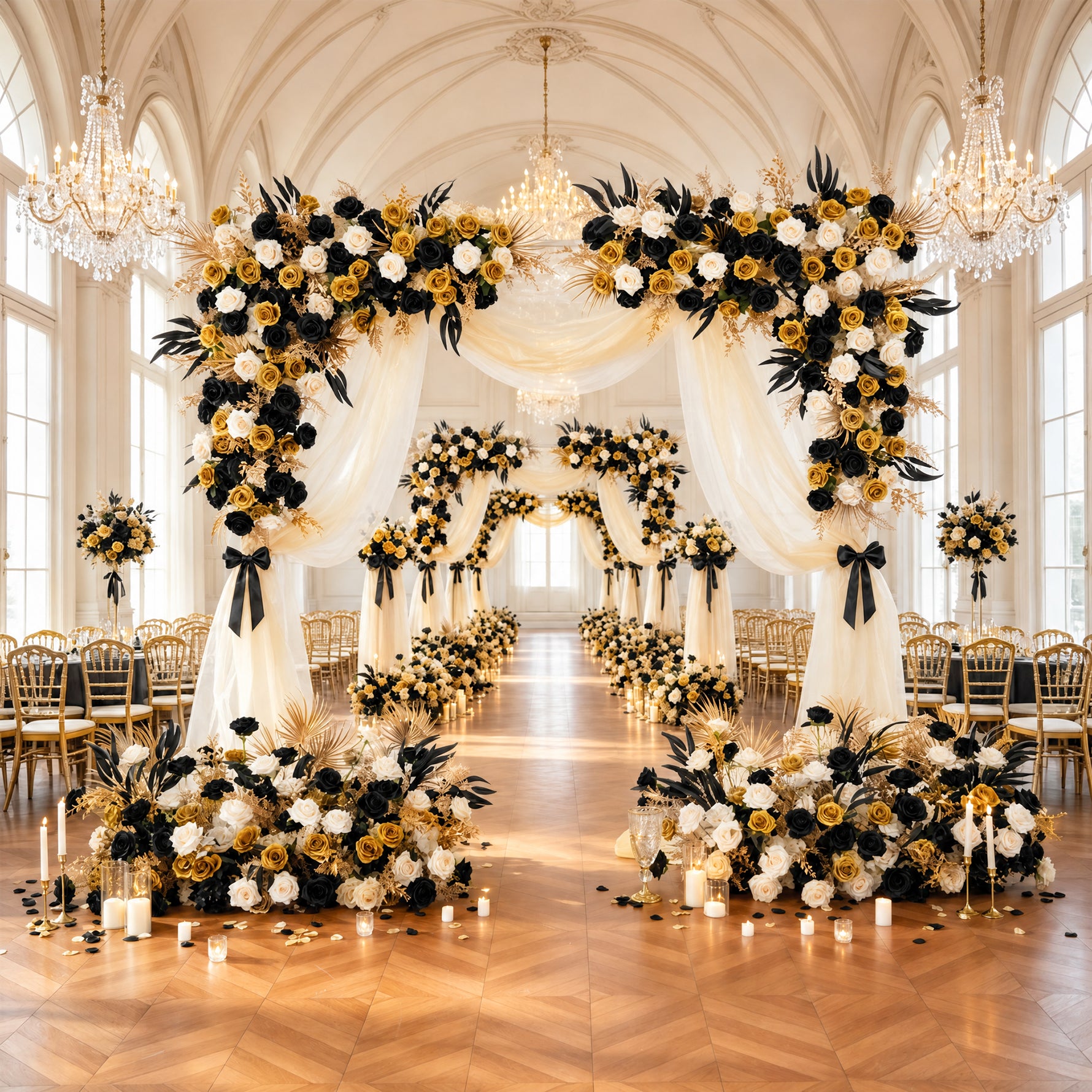 Black gold artificial flower corner swag for wedding arch