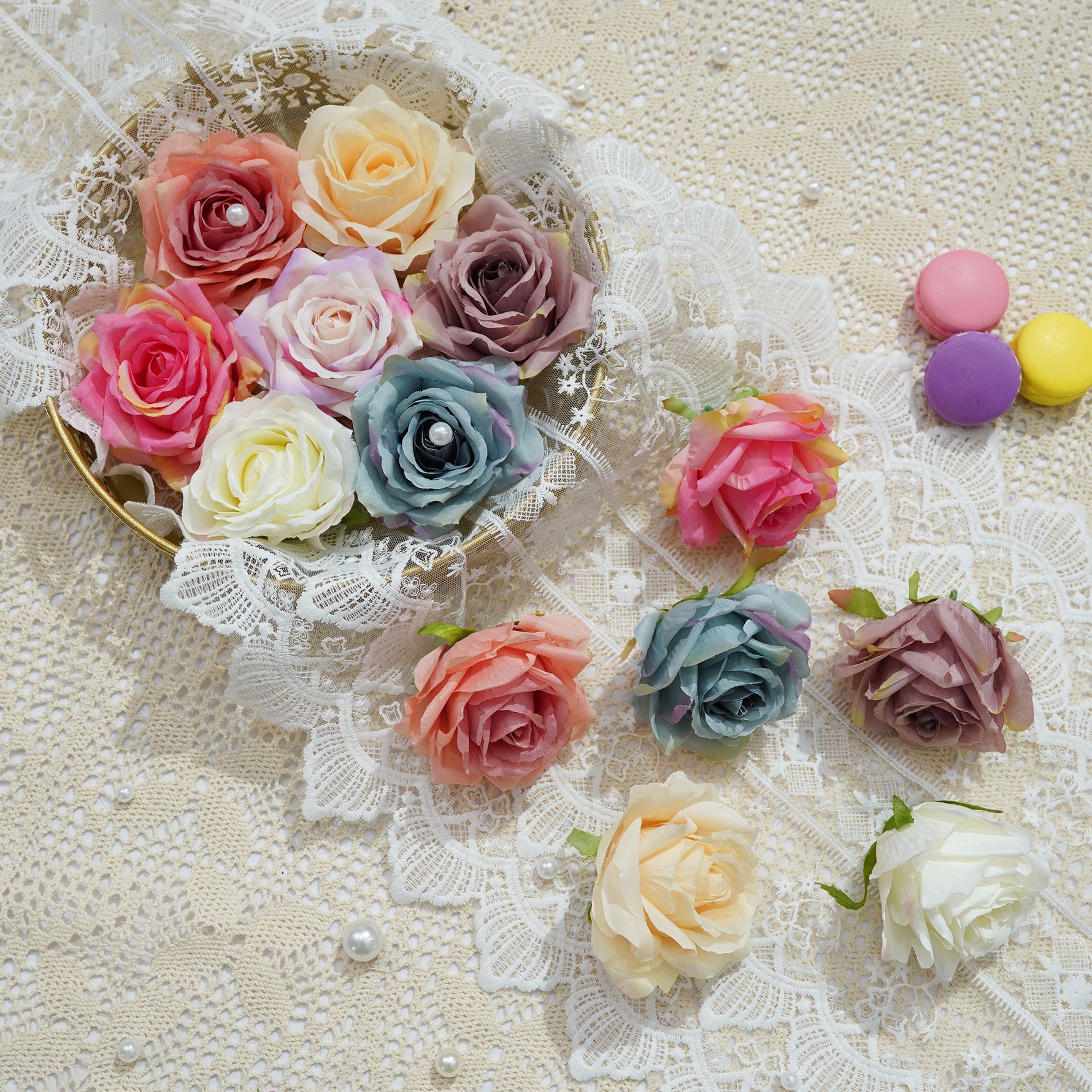 White silk rose heads product view