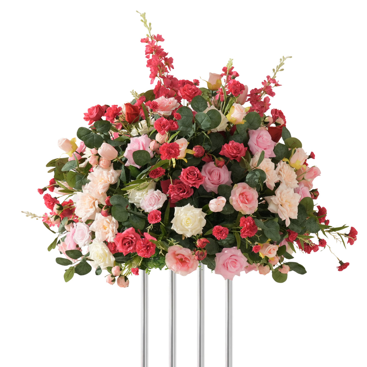 Premium silk artificial flower arrangement, pink red blush roses for wedding reception tall stand decor